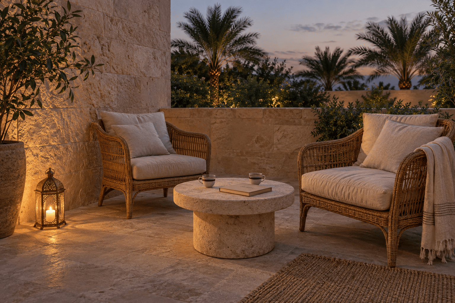 A quiet evening terrace with linen chairs, coffee cups and warm lantern light.