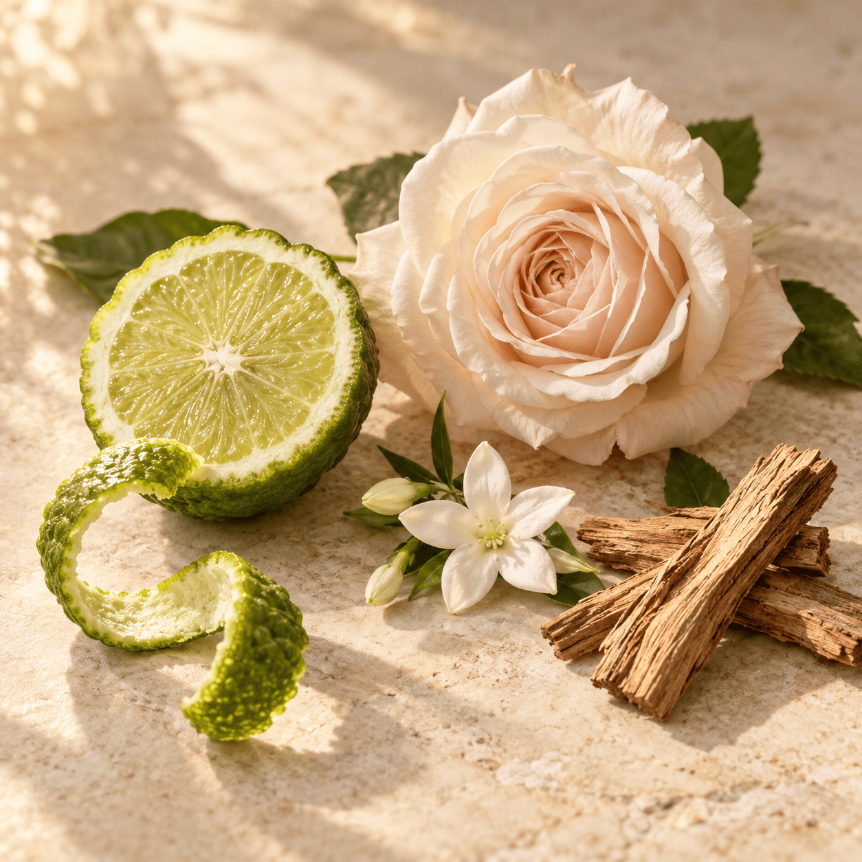 Bergamot, delicate flowers and natural wood textures.