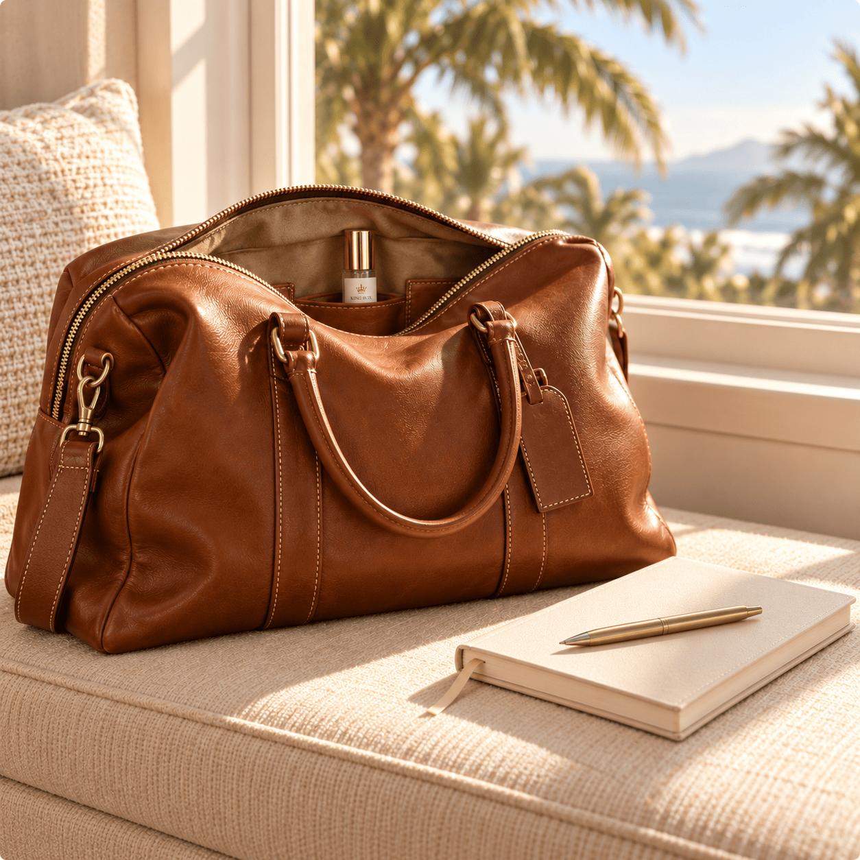 A leather travel bag, journal and small capped King Rox atomizer.