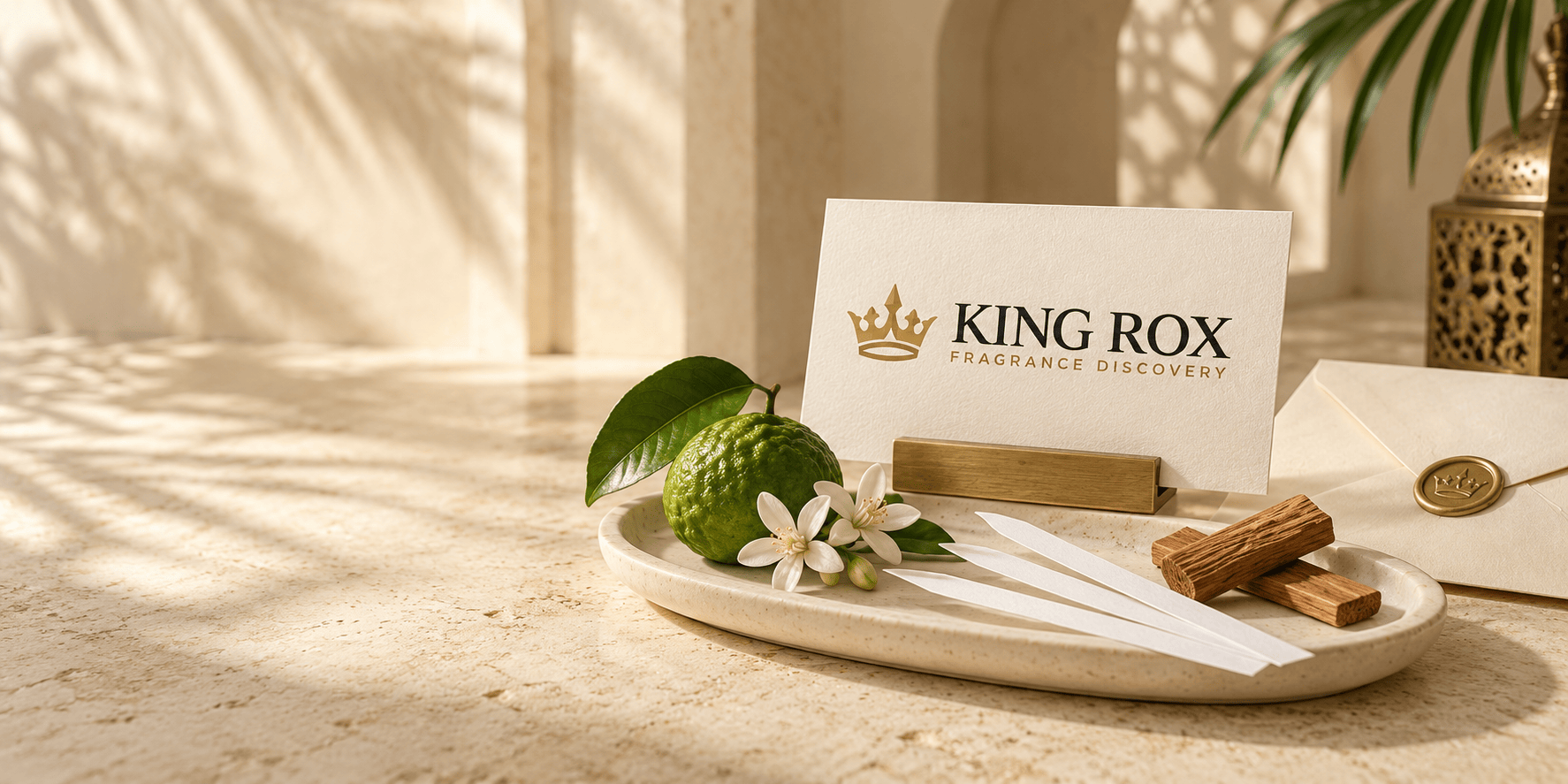 King Rox fragrance consultation still life with a branded card, scent strips and natural fragrance materials. Decorative concept image.