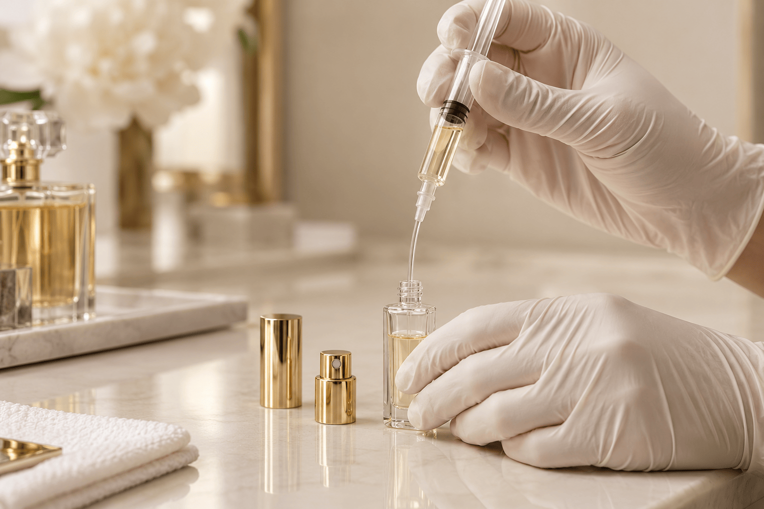 Perfume being drawn into a syringe for decanting