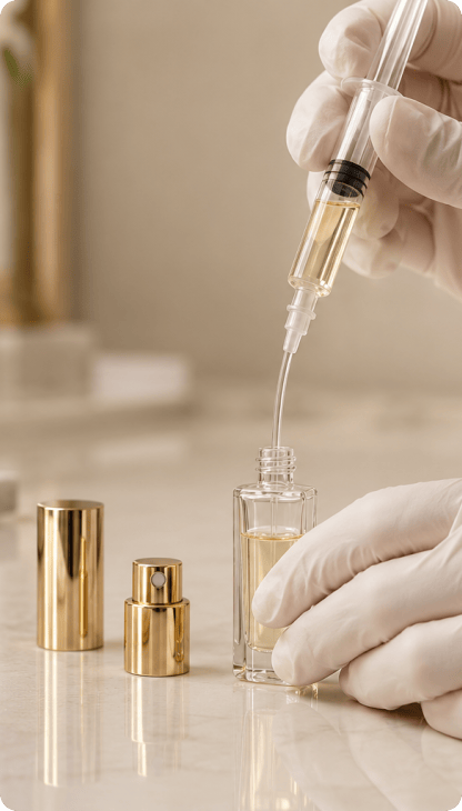 A gloved hand decanting perfume into a King Rox atomizer