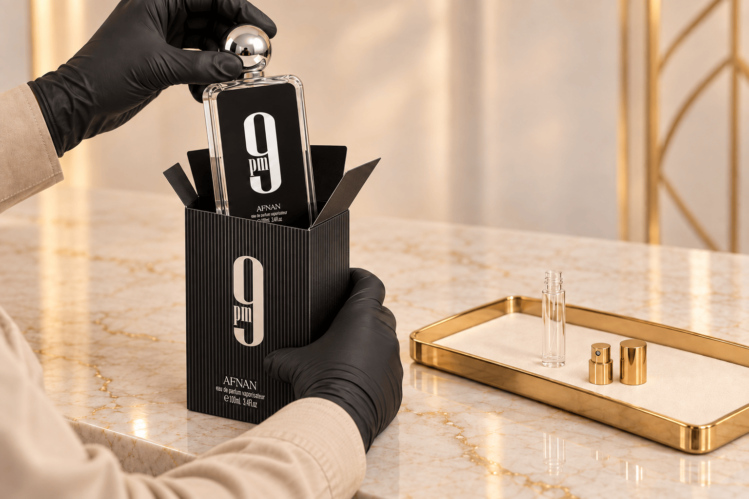 Gloved hands lift an Afnan 9 PM bottle from its printed black retail carton.
