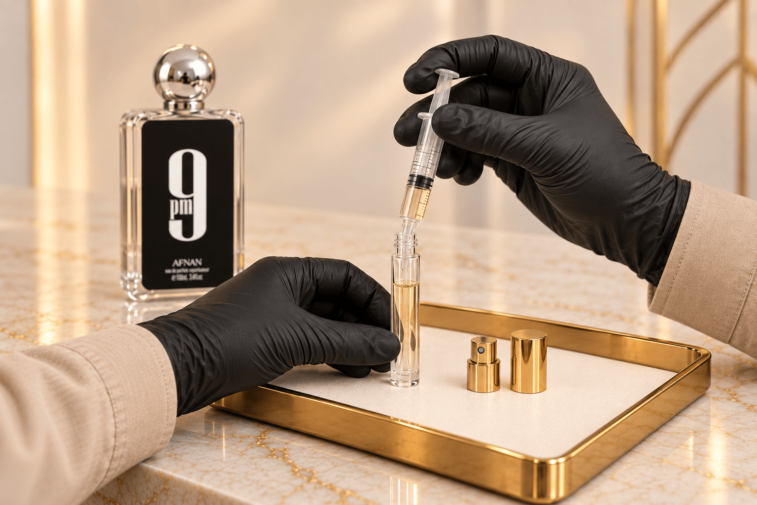 A gloved hand uses a syringe to fill a small glass atomizer on a gold tray.