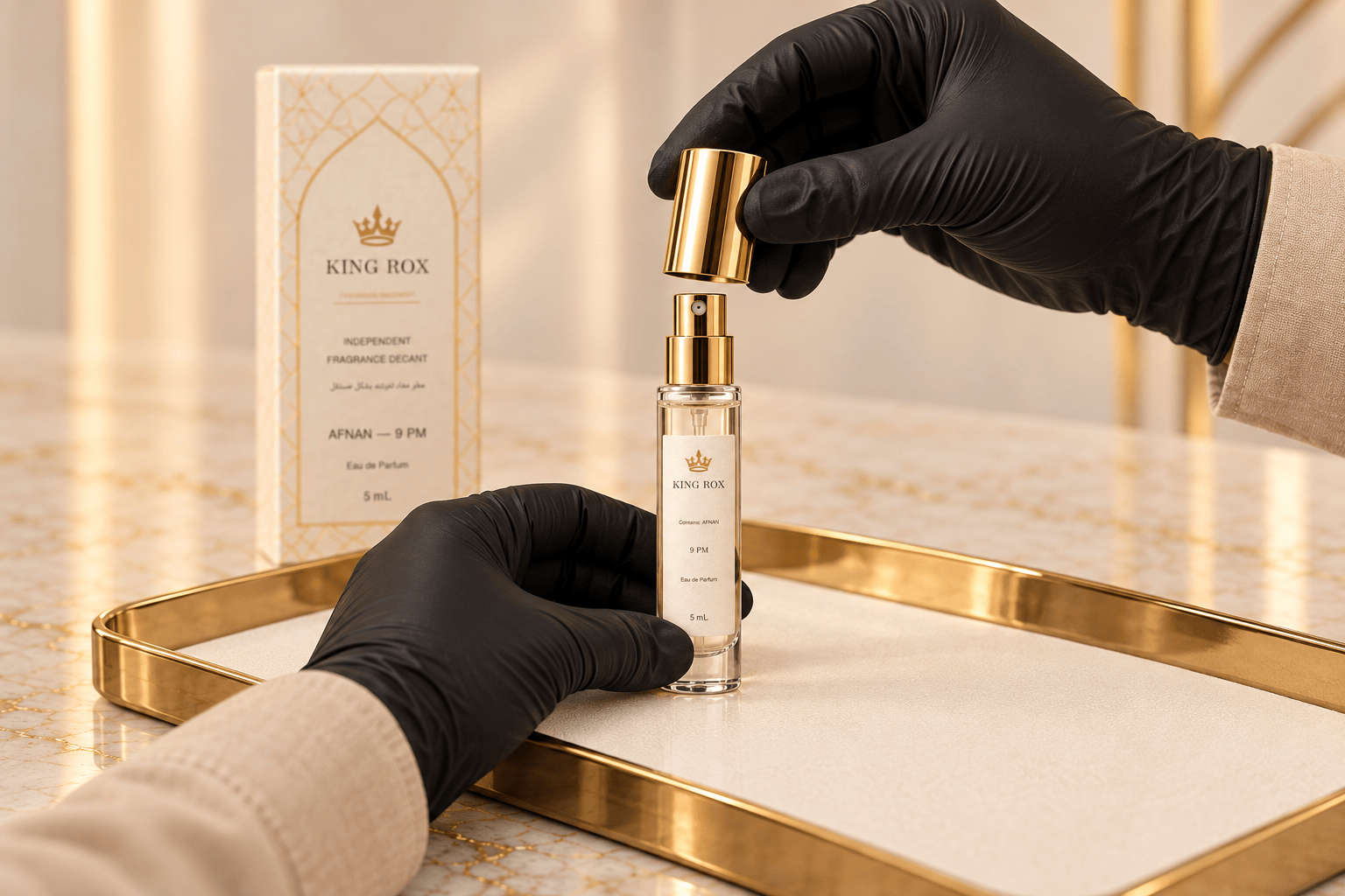 Gloved hands fit a gold cap onto a labelled King Rox atomizer.