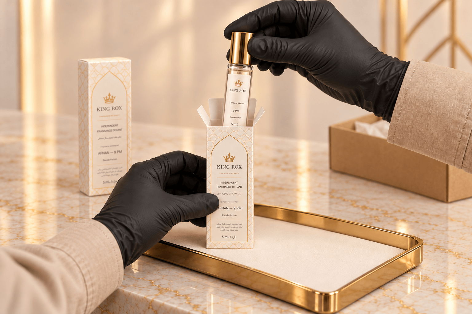 Gloved hands place a capped King Rox atomizer into its ivory presentation carton.