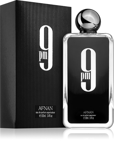 Original Afnan 9 PM bottle and printed retail carton.