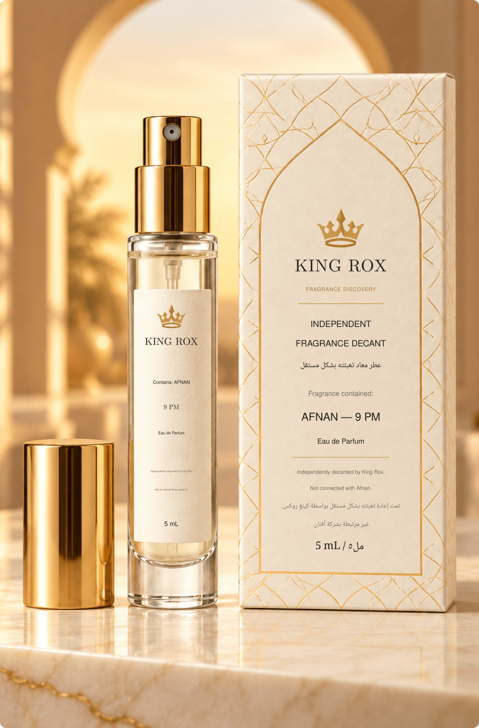King Rox 5 mL decant atomizer and presentation box containing Afnan 9 PM.