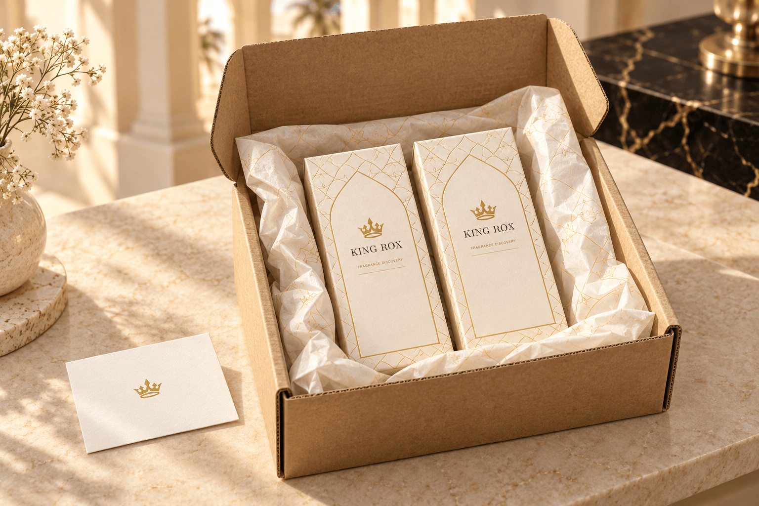 Illustrative King Rox presentation cartons cushioned inside a delivery box.