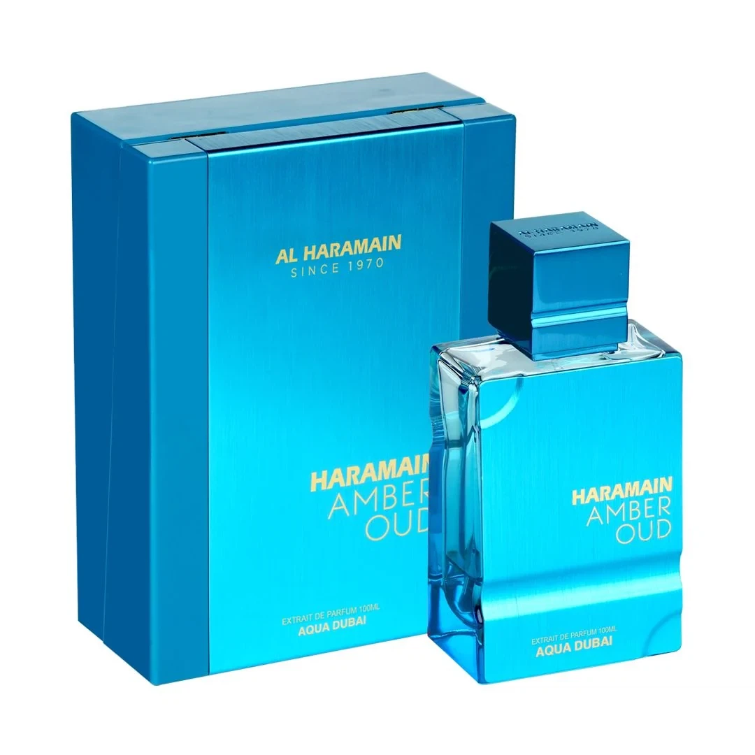 Al Haramain Amber Oud Aqua Dubai manufacturer bottle, linked from the supplied product catalogue.