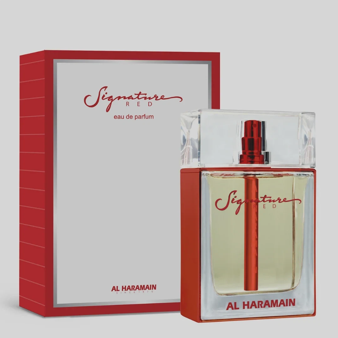 Al Haramain Signature Red manufacturer bottle, linked from the supplied product catalogue.