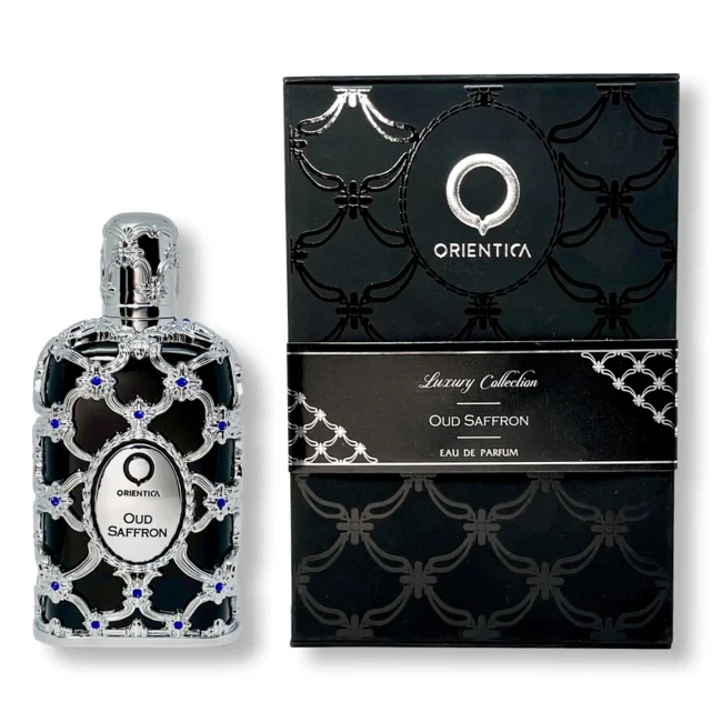 Orientica Luxury Collection Oud Saffron manufacturer bottle, linked from the supplied product catalogue.