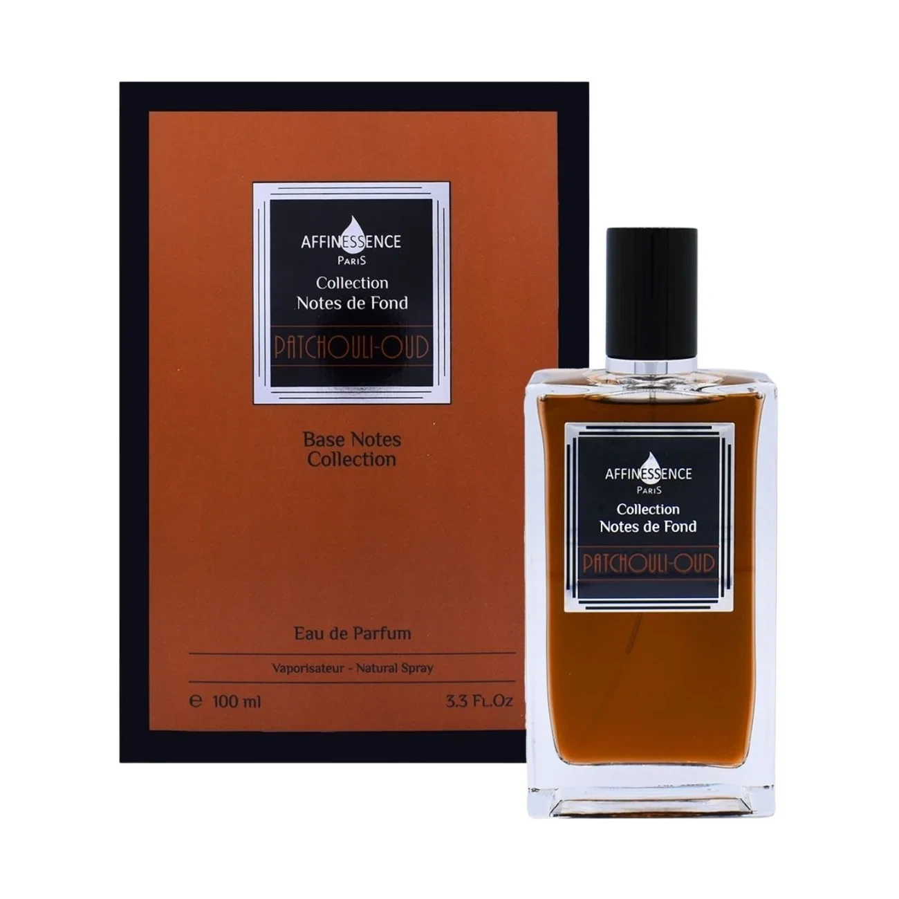 Affinessence BASE NOTES COLLECTION PATCHOULI OUD manufacturer bottle, linked from the supplied product catalogue.