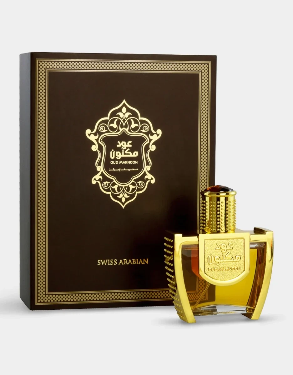 Swiss Arabian Oud Maknoon manufacturer bottle, linked from the supplied product catalogue.