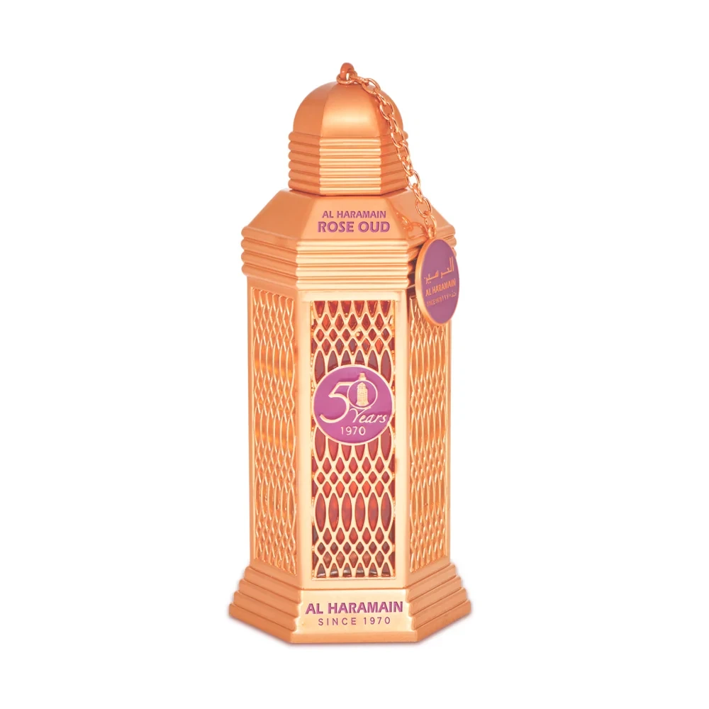 Al Haramain 50 Years Rose Oud Spray manufacturer bottle, linked from the supplied product catalogue.