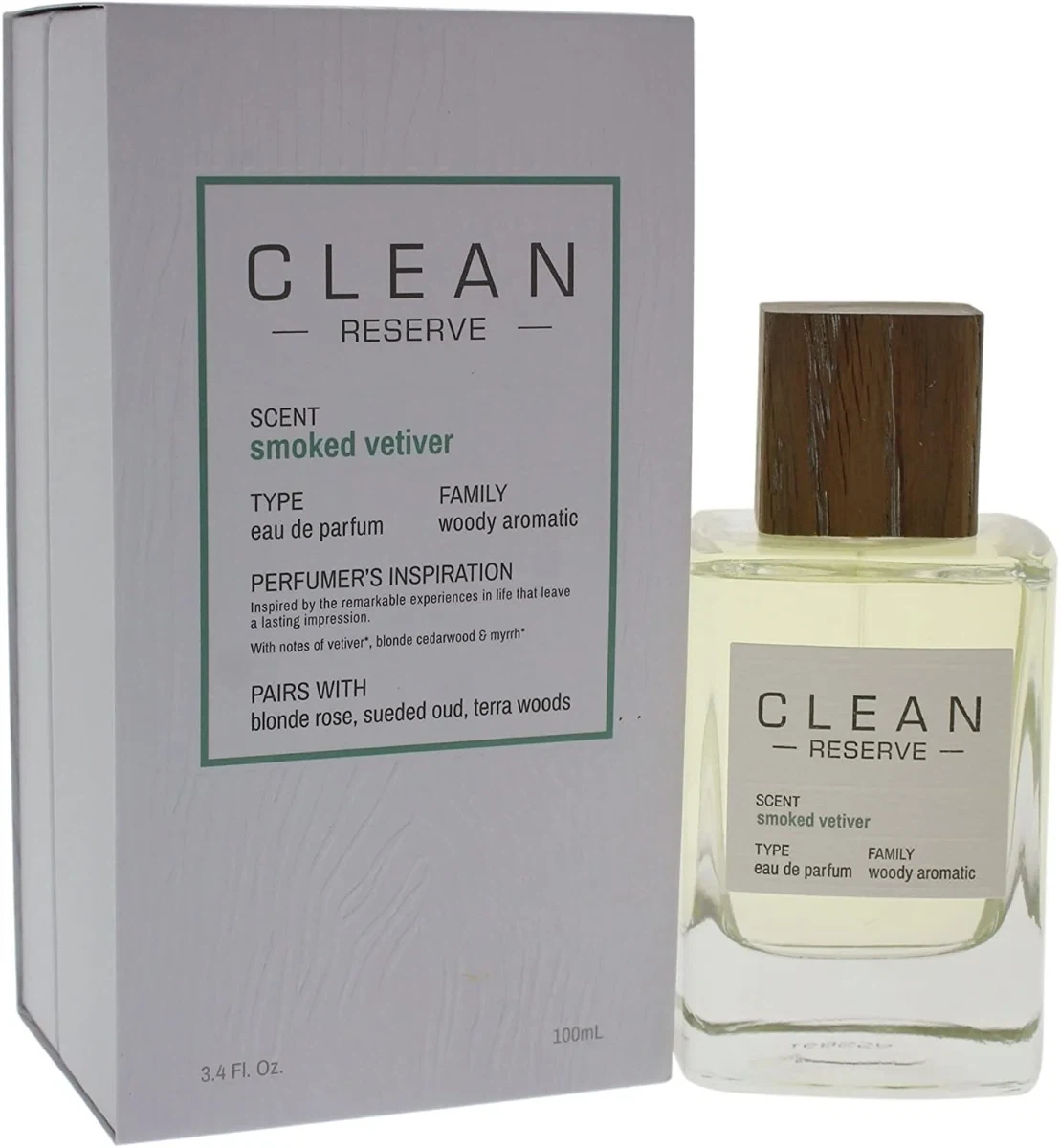Clean Reserve Smoked Vetiver manufacturer bottle, linked from the supplied product catalogue.