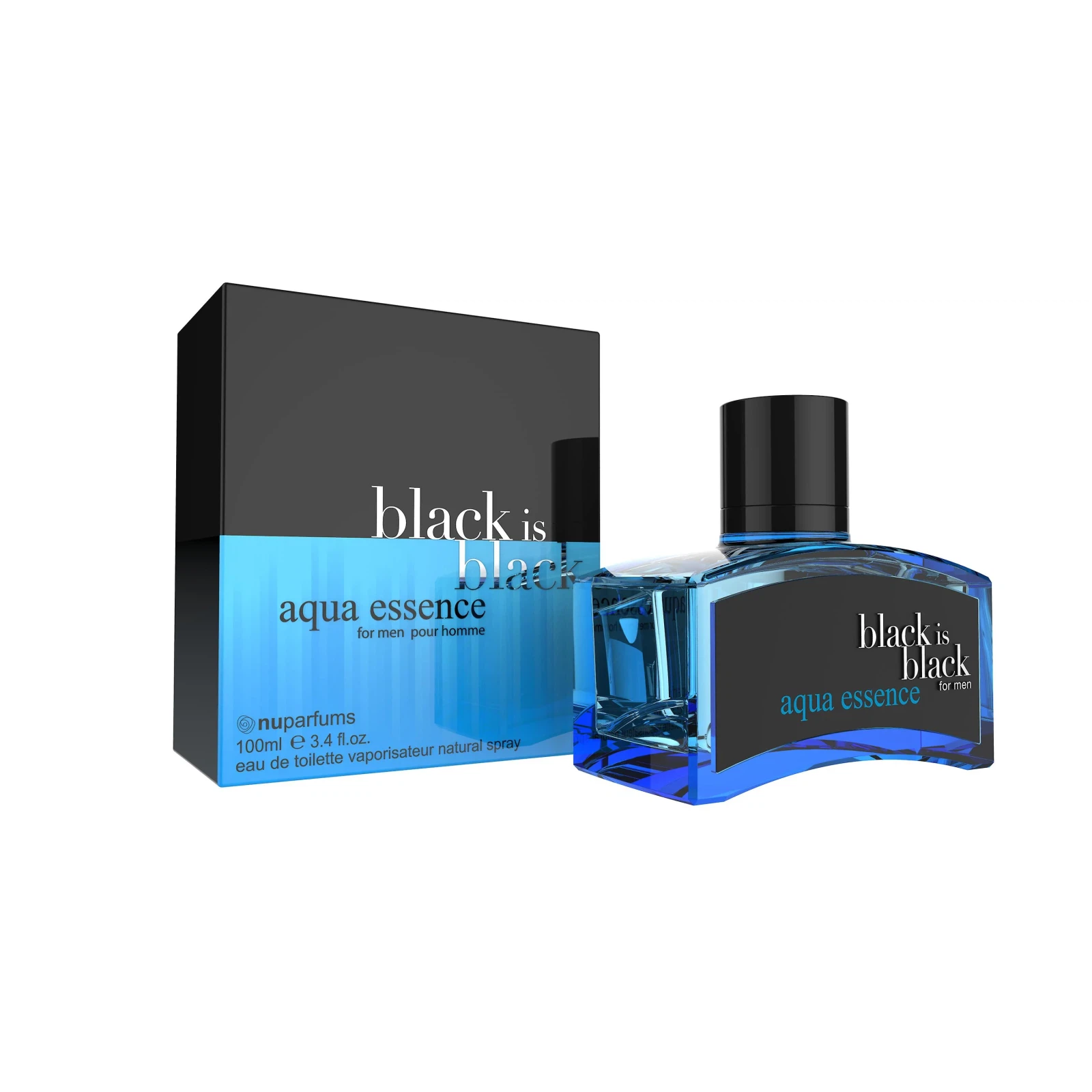 NuParfums Black Is Black Aqua Essence manufacturer bottle, linked from the supplied product catalogue.