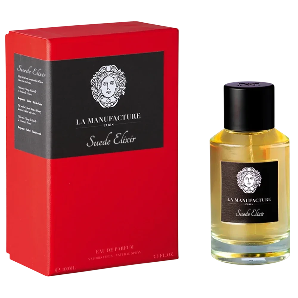 La Manufacture Suede Elixir manufacturer bottle, linked from the supplied product catalogue.