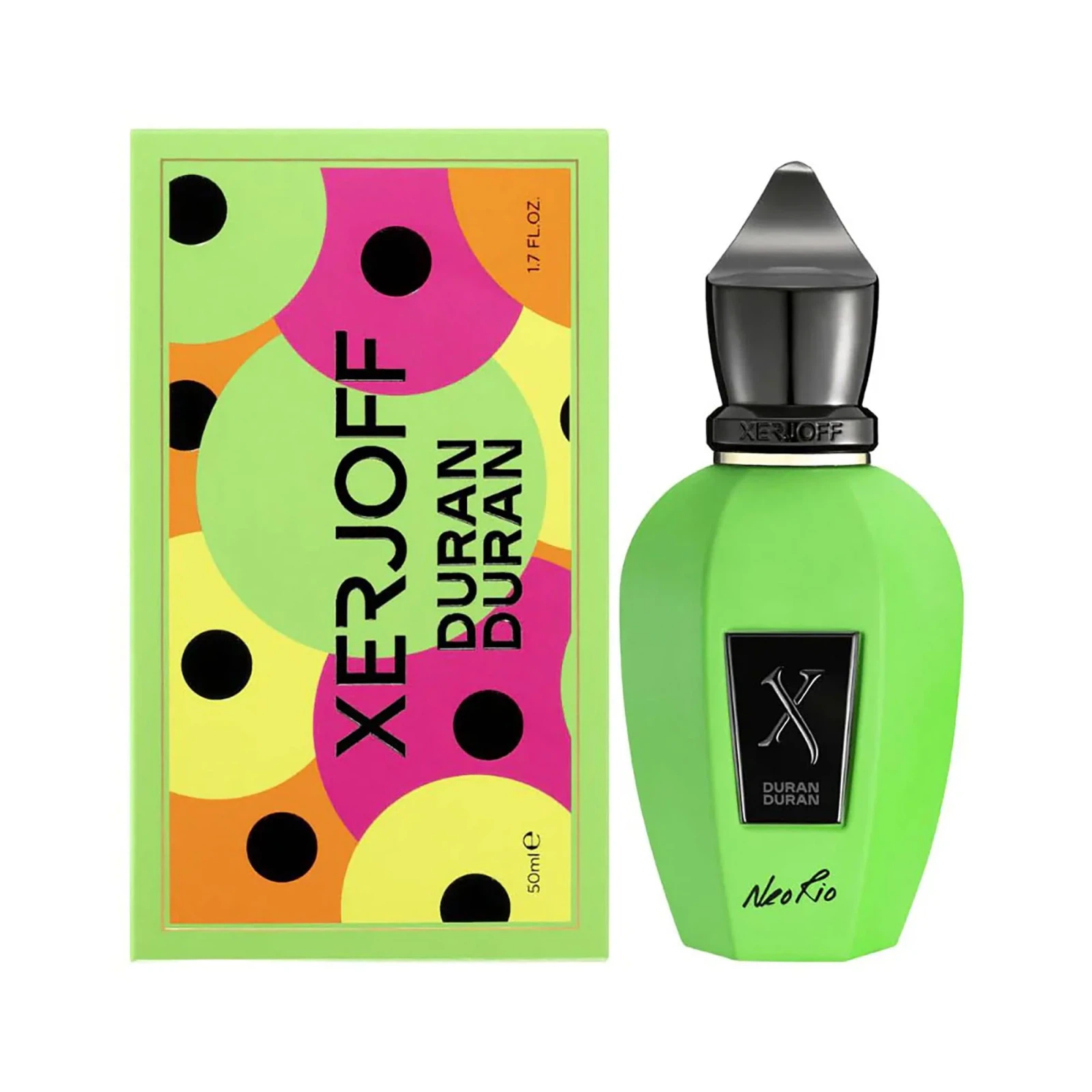 Xerjoff Duran Duran Neo Rio Fluo Green Parfum Woody manufacturer bottle, linked from the supplied product catalogue.