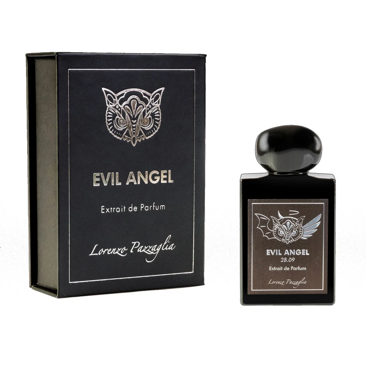 Lorenzo Pazzaglia Evil Angel 28.09 Woody–Oriental manufacturer bottle, linked from the supplied product catalogue.