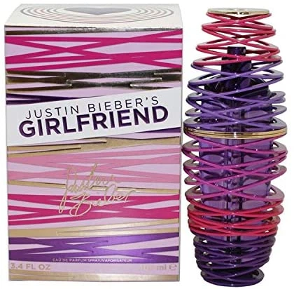 Justin Bieber GIRLFRIEND manufacturer bottle, linked from the supplied product catalogue.