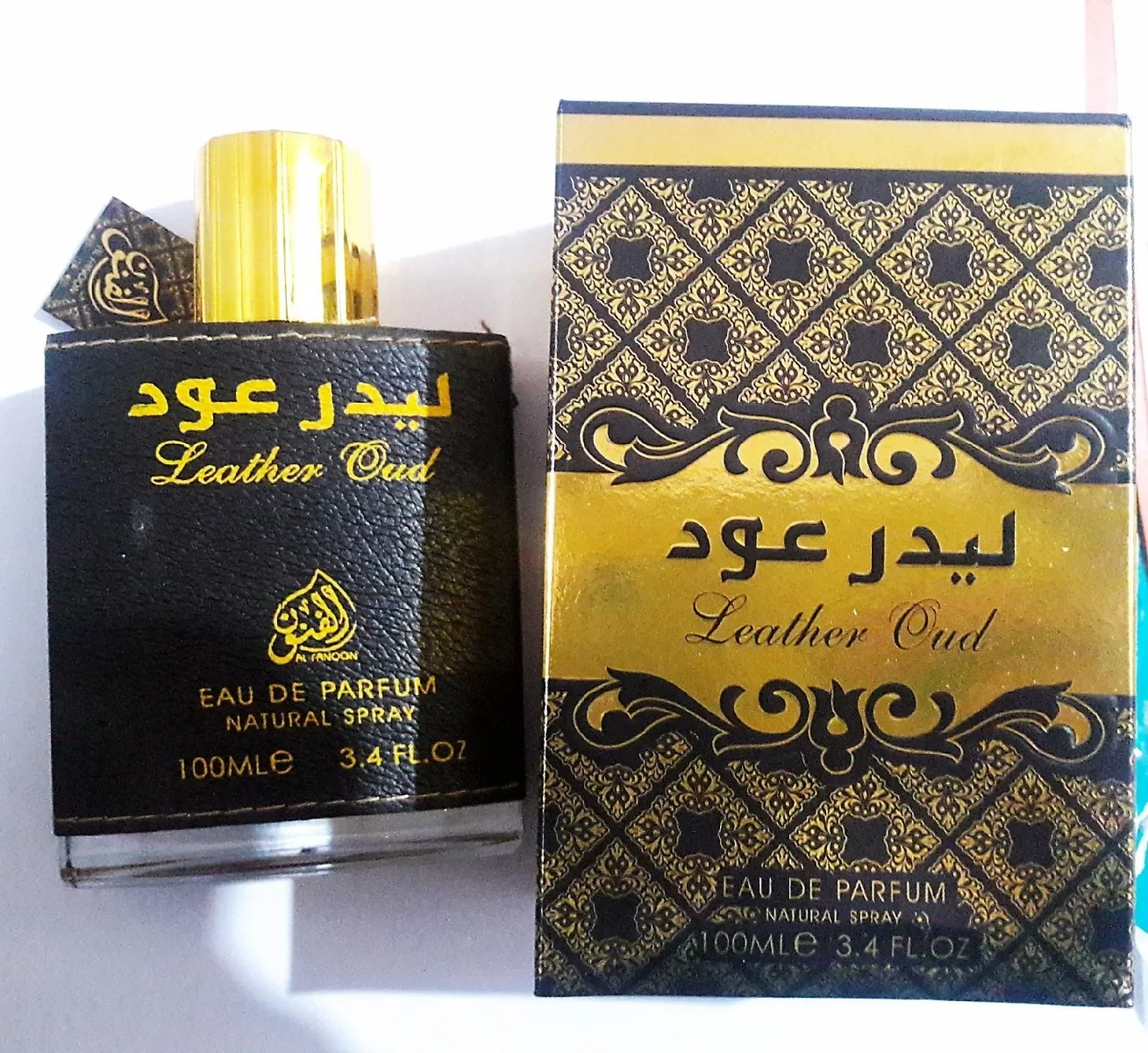 Al Fanoon Leather Oud manufacturer bottle, linked from the supplied product catalogue.