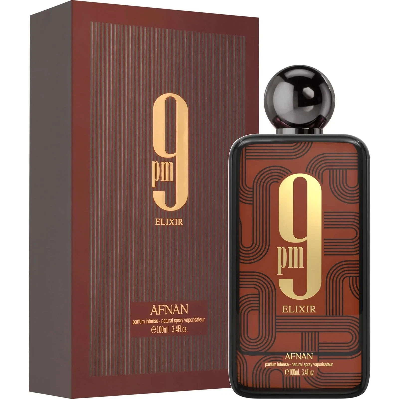 Afnan 9 PM Elixir Parfum Intense Oriental Spicy manufacturer bottle, linked from the supplied product catalogue.