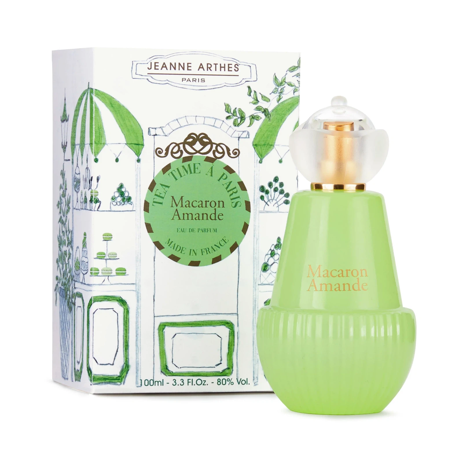 Jeanne Arthes Tea Time A Paris Macaron Amande manufacturer bottle, linked from the supplied product catalogue.