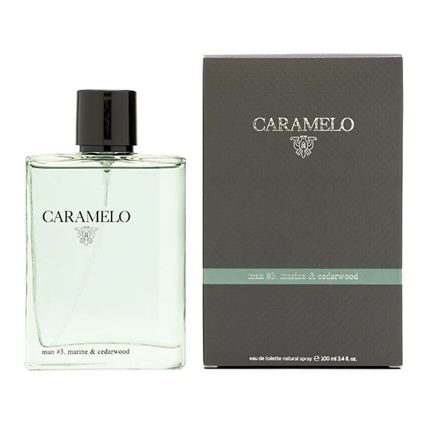 Caramelo Man #3 Marine & Cedarwood manufacturer bottle, linked from the supplied product catalogue.