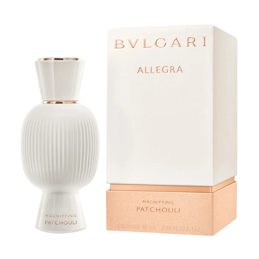 Bvlgari Allegra Magnifying Patchouli manufacturer bottle, linked from the supplied product catalogue.