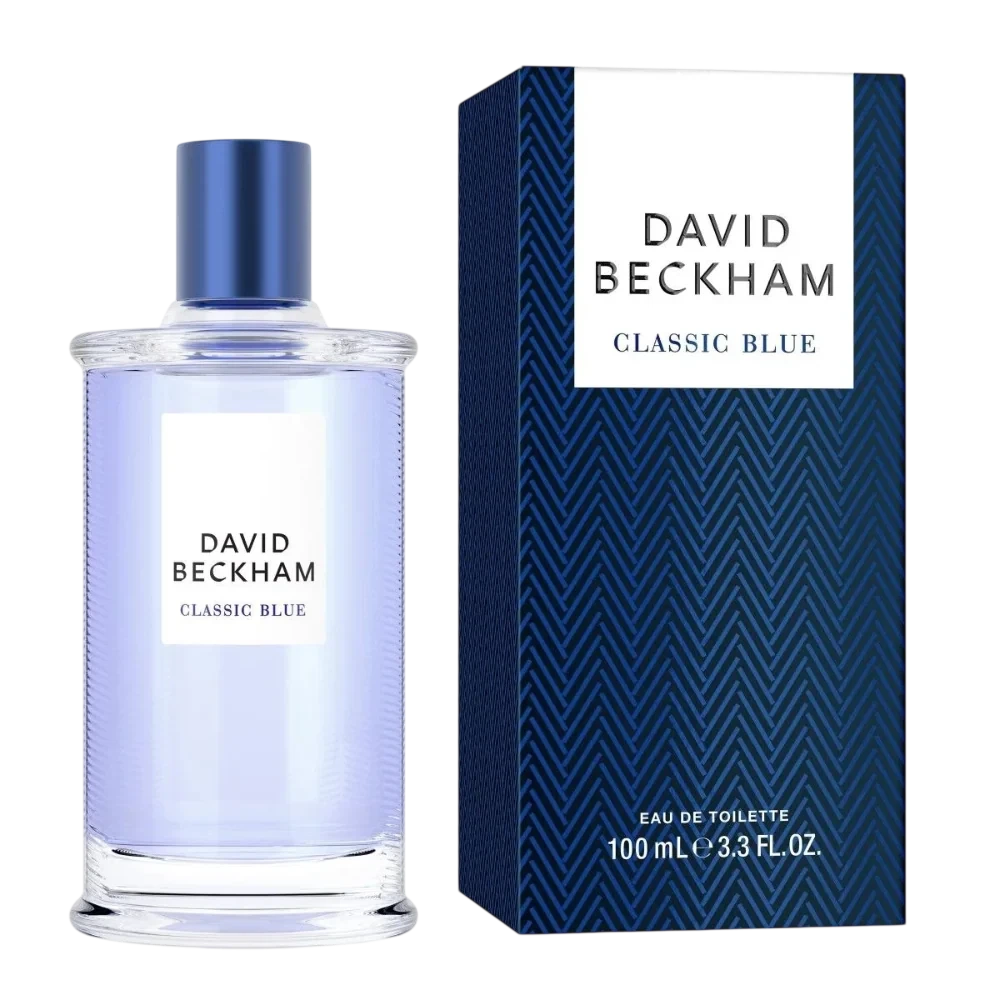 David Beckham Classic Blue manufacturer bottle, linked from the supplied product catalogue.