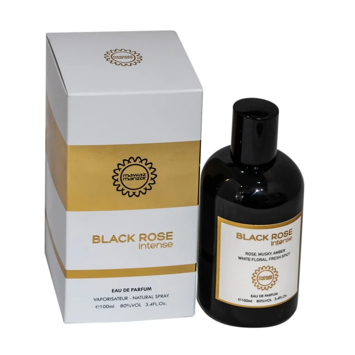 Mawaz Black Rose Intense manufacturer bottle, linked from the supplied product catalogue.