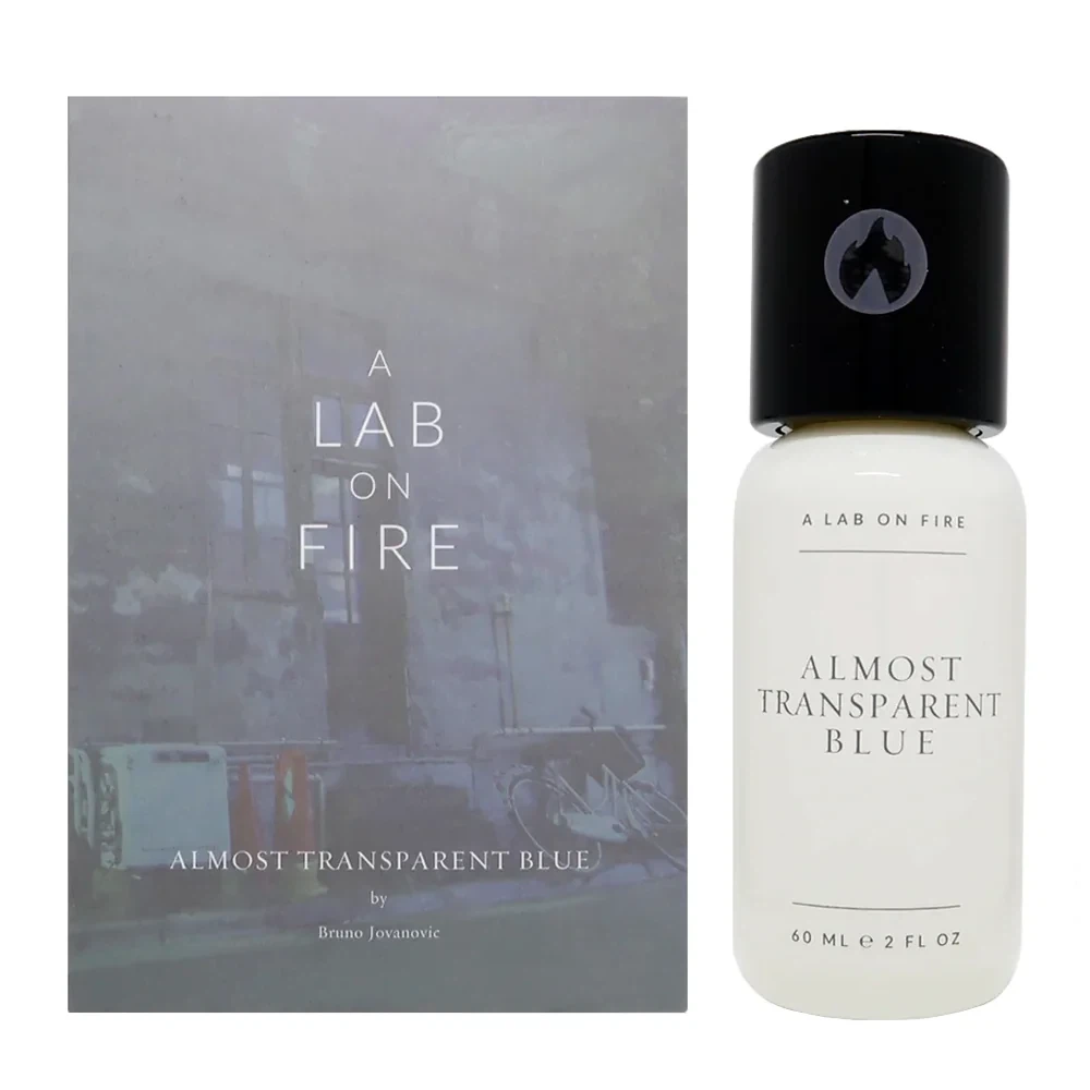 A Lab On Fire Almost Transparent Blue manufacturer bottle.