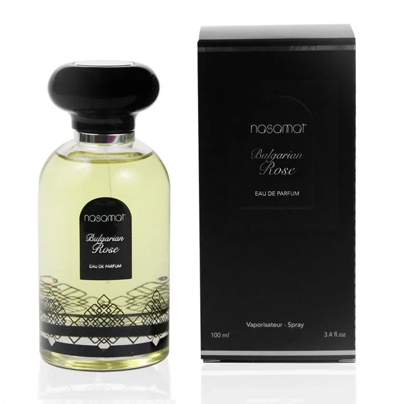 Nasamat Bulgrian Rose manufacturer bottle.