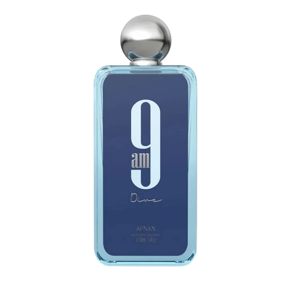 Afnan 9 AM Dive manufacturer bottle, used to identify the fragrance.